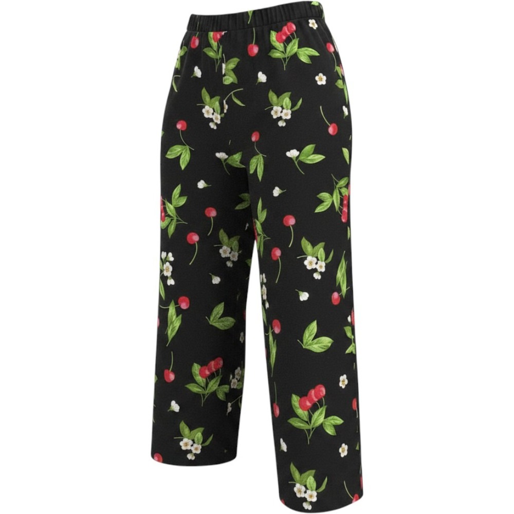 White Stag Womens Cherry Print Cropped Stretch Pants Black Size 12 Capris EUC